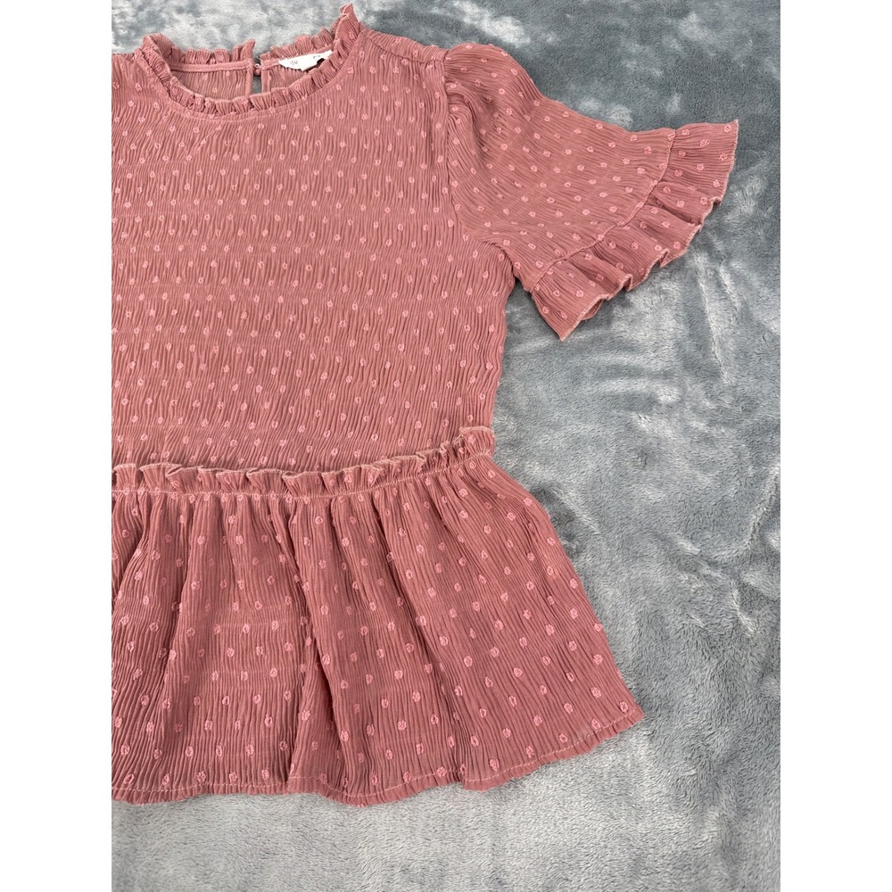 Blu Pepper Dusty Rose Pink Swiss Dot Peplum Top Ruffle Sleeve Mauve Blouse Large - Picture 3 of 9